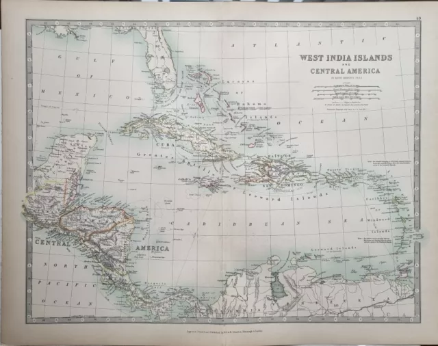 1891 Antique Map West India Islands Central America Cuba Bahama Haiti Jamaica