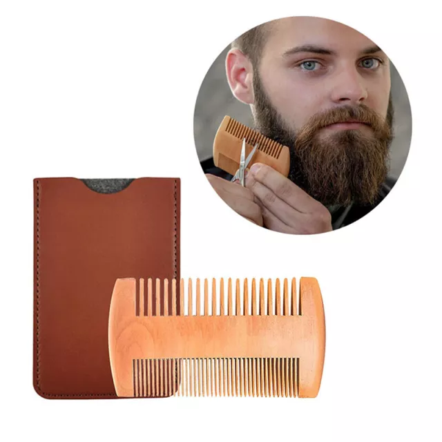 Mens Handcrafted Wooden Beard Mustache Hair Comb Brush with PU Leather Case