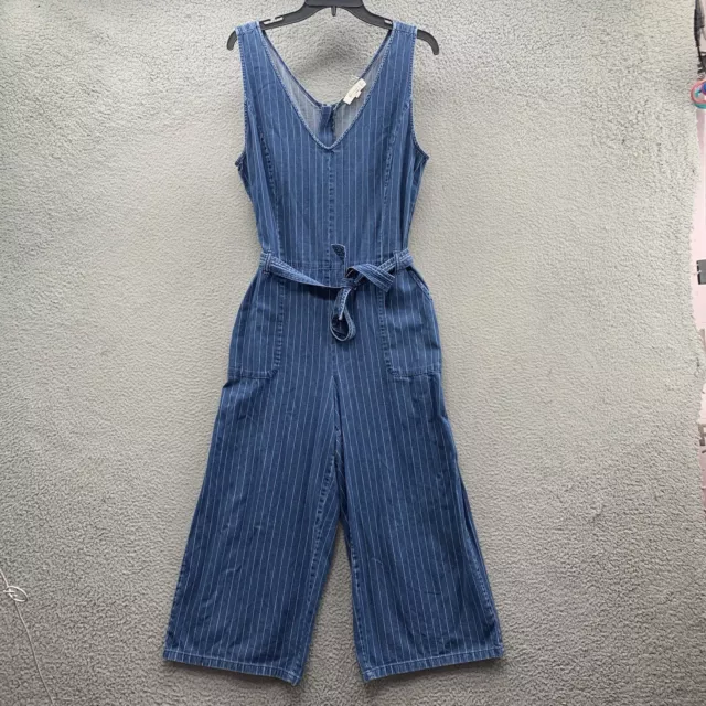 Vince Camuto Women Size L Sleeveless Striped Denim Belted Jumpsuit Wide Leg Crop