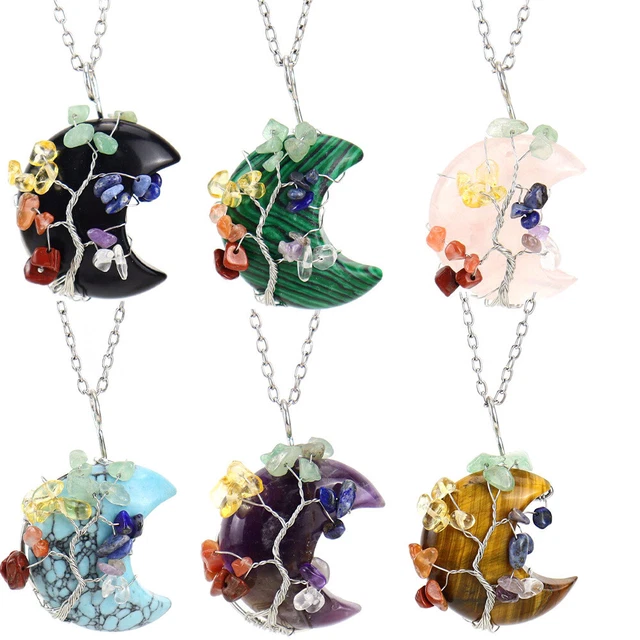 Chakra Crystal Gem Stone Tree of Life Moon Necklace Pendant Reiki Healing Amulet