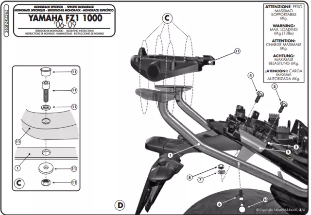 KZ365 KAPPA attacco bauletto MONOLOCK PER YAMAHA FZ1 1000 2006 2007 2008 2009