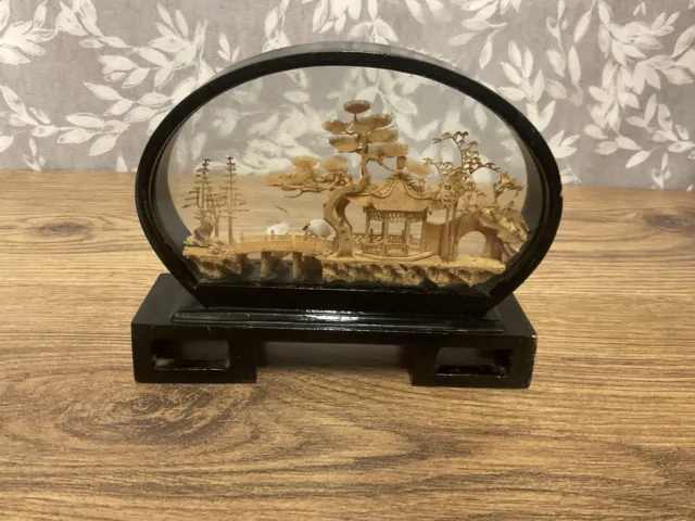 Vintage Chinese Cork Carving Diorama Shadow Box Curved