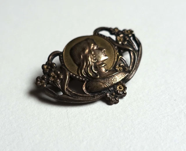 Broche Ancienne Vintage - Pierre Ronde Peinte à La Main Motif Fleurs - état Impeccable