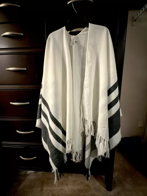 Hinge White and Black Striped Open Sweater Fringe Poncho Cardigan Boho Womens