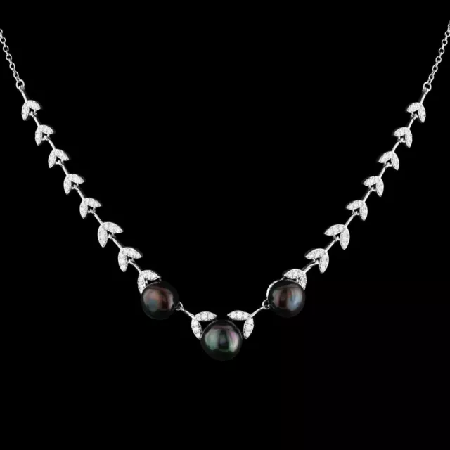 Natural 10Mm Tahitian Freshwater Pearl & Cubic Zirconia In Silver 925 Necklace