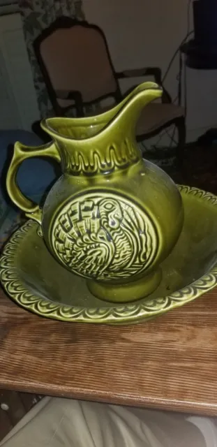 Vintage McCoy Pottery Thanksgiving Basin & Pitcher Olive Green #7516, Mint Set!