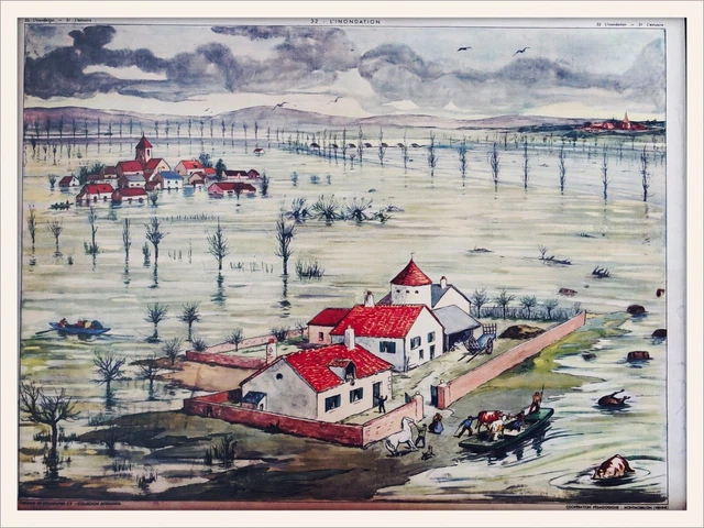 Affiche Scolaire Vintage Rossignol – L’Estuaire / L’Inondation, Robuchon, 56x75 Cm