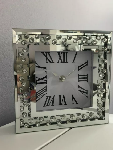 20cm Square Floating Crystal Jewel Mirror Analogue Table Clock Diamond Glamour