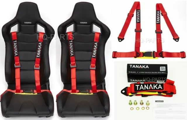 2X TANAKA Universal Rojo 4 Punto Hebilla Racing Asiento Cinturón Arnés