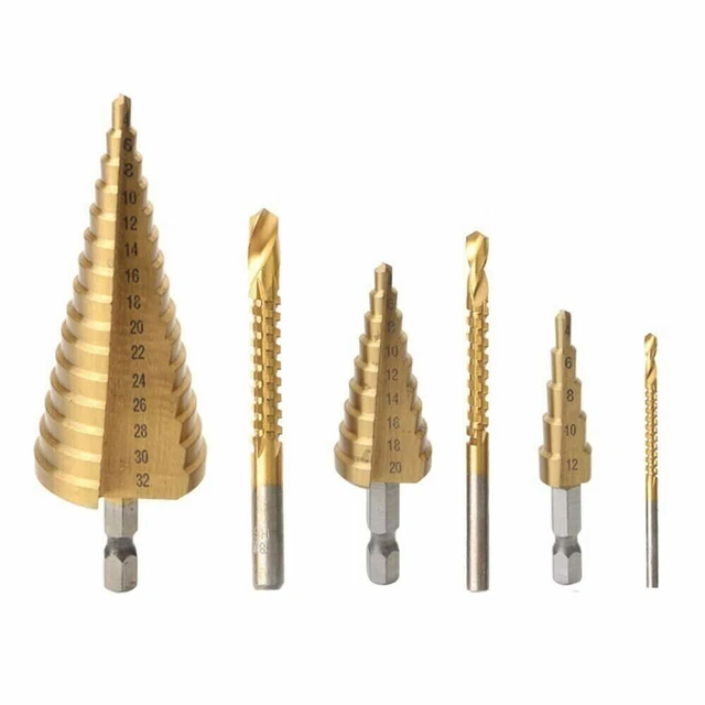 6Pcs Drill Bit Set Titanium Nitride Coated Steel Step Quick Change 1/4 Shank