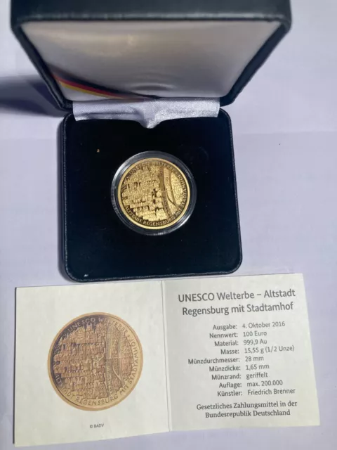 100 EURO Goldmünze BRD - Unesco Welterbe – Altstadt von Regensburg - G -