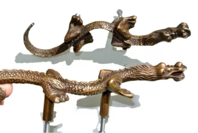 2 Handles door DRAGON solid BRASS old style vintage L& R drawer PULLS 6" pair B