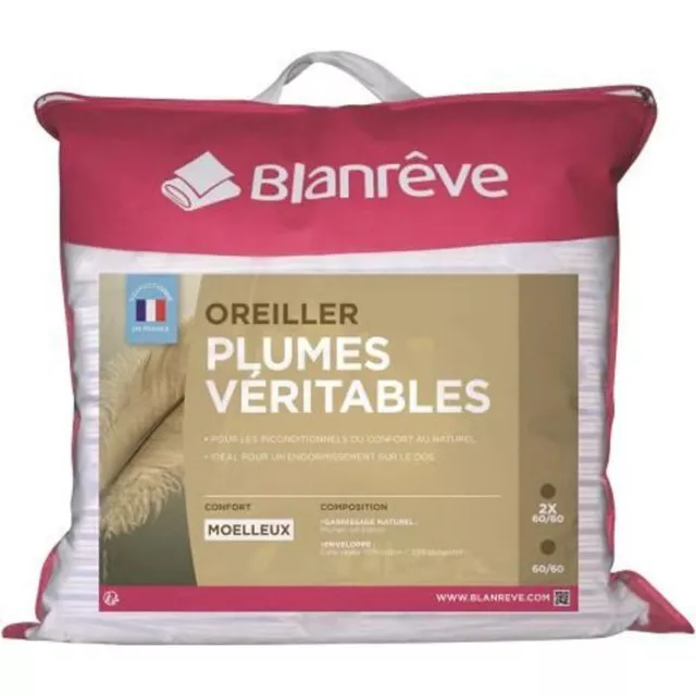 Oreiller à Plumes BLANREVE 60x60 cm - Enveloppe 50% Coton, 50% Polyester - BLANC