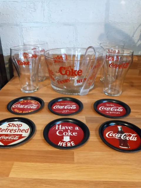 Vtg Coke Coca Cola Glass Snack Popcorn Candy Bowl Tongs 4 Glasses 6 Coasters