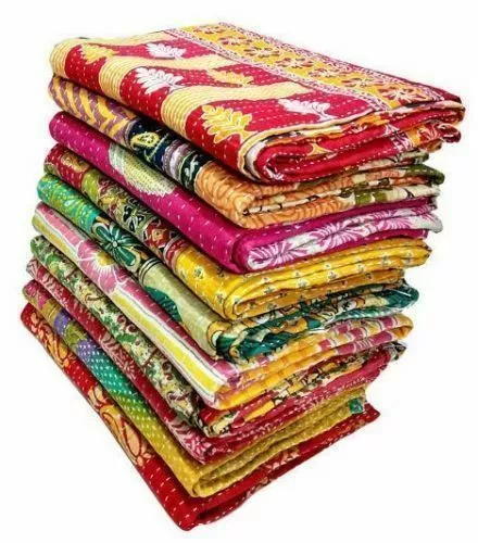 Indian Vintage Handmade Kantha Quilt Patch Work Cotton Fabric Bedspreads Blanket