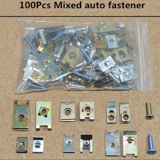 100X Car Door Panel Fastener Fixed Mixed Screw Gasket Fender Metal Clips U-Type
