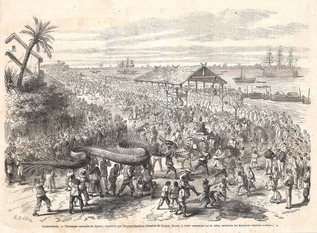 Viet Nam " Saigon / Procession Annuelle Du Dragon " Gravure Engraving 1865