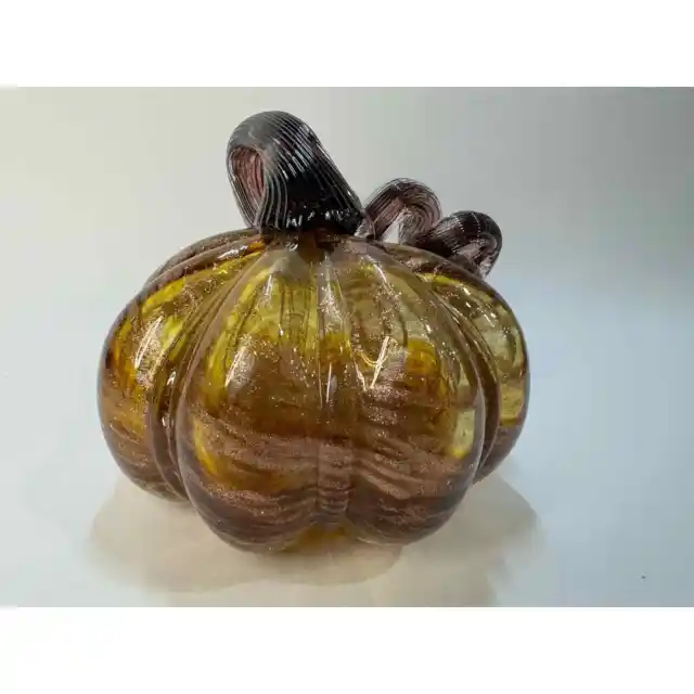 Vtg Hand Blown Art Glass Pumpkin crackled Amber glass, Stunning And Beautiful