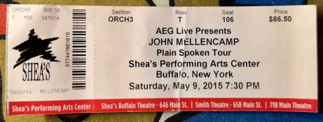John Mellencamp - Plain Spoken Tour - May 9, 2015 - Shea’s - Buffalo - Ticket
