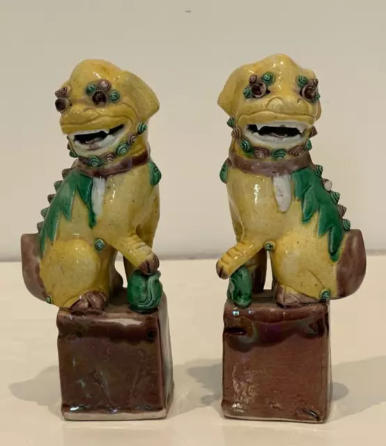 Pair Vintage Chinese Porcelain Foo Dogs Green Blue Yellow Brown