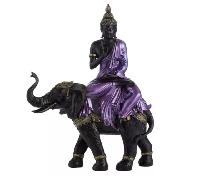 Großer Thai Buddha schwarz lila auf Elefant 38 cm Poly Figur Buddhismus Mönch