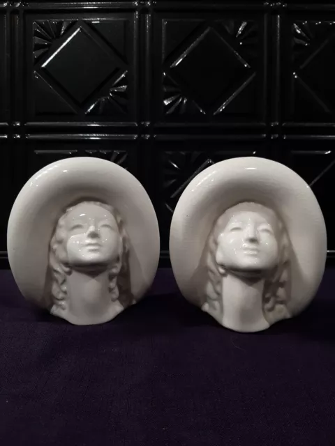 Vintage White Porcelain Wall Pockets (2) Vases, Lady with Large Hat 1940 s