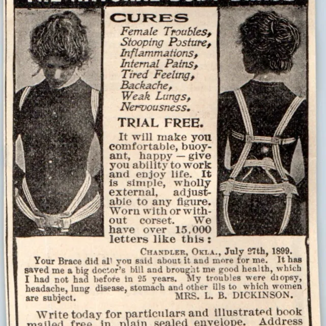 1900 Salina, KS Female Natural Body Brace Quack Print Ad Cures Everything C38