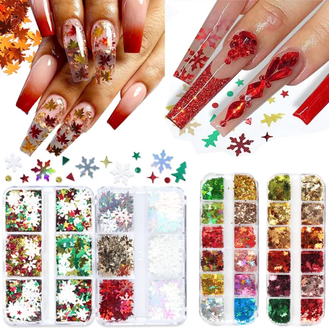 SeBeauty Red Nail Art Glitter Stickers Decals Heart Nail Sequins Charms Butterfly Nail Supplies Sparkle Nail Flakes Shiny Letter Maple Star 3D Design for