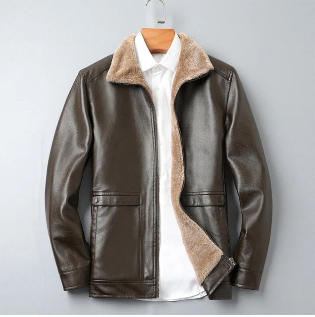 Mens Jacket Outwear Fleece Fur Lined Lapel Collar Parka Coat Winter Warm Fashion