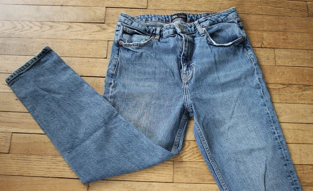 Jean Boyfriend Zara Brodé Oiseau Japon - Taille 34, Couleur Bleu, Occasion Très Bon état