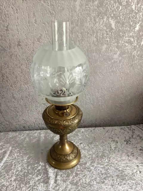 Vintage Brass Ornate Best British Make Oil Lamp With Globe Shade - 52 Cm