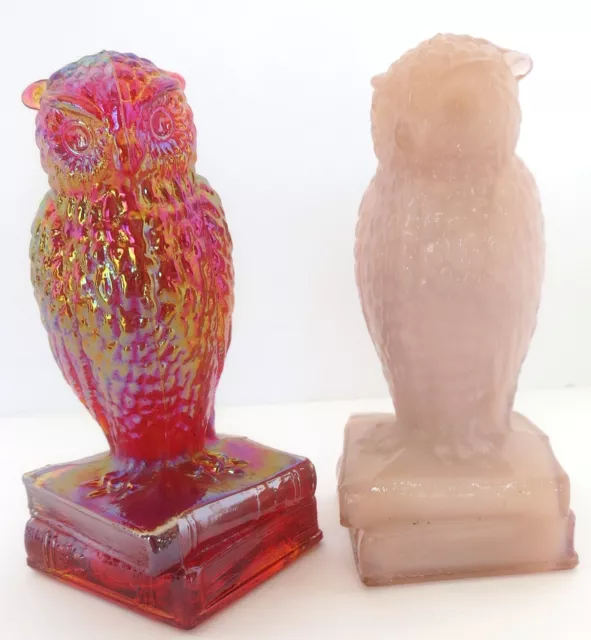 2 Pc Degenhart Glass Owl On Books Figurines Iridescent Red Uv Reactive & Pink