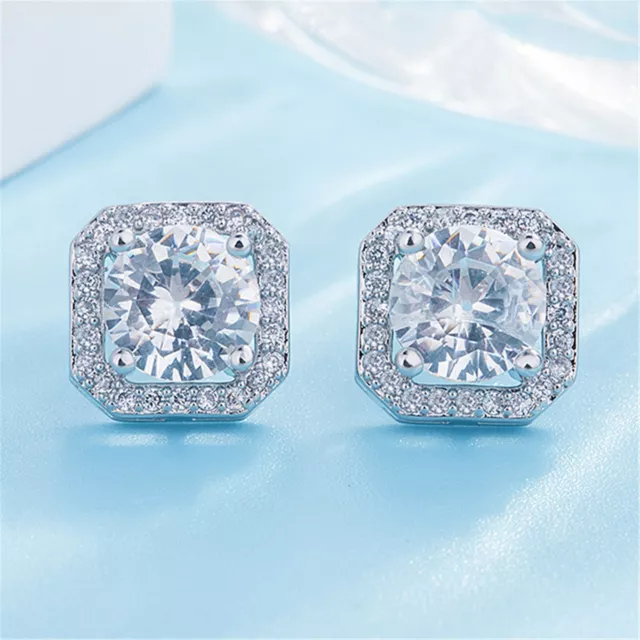 Crystal Square Stone Stud Earrings 925 Sterling Silver Womens Jewellery Gift New