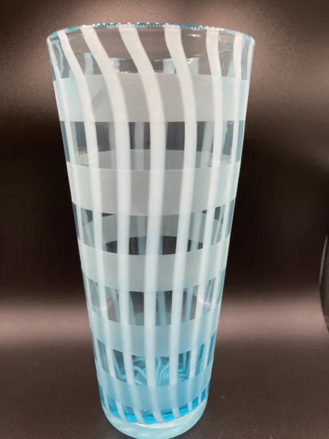 Art Glass 12 1/2” Tall Vase hand Blown Blue White Swirl .