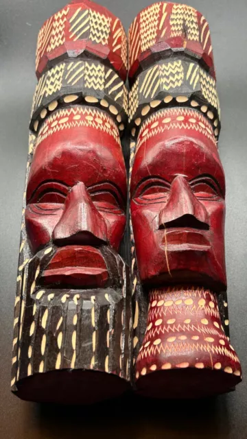 Pair Vintage Hand Carved Jamaican Wooden Tiki Totem Male & Female Head Figurines