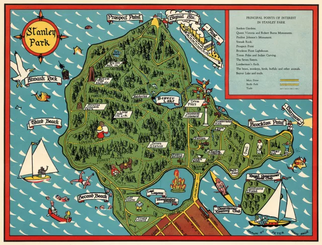 Pictorial Map of Stanley Park Vancouver Wall Art Poster Print Decor Artwork