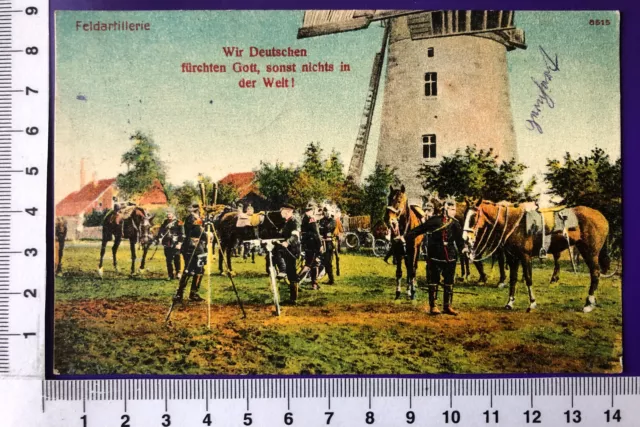 WW1 Patriotik KünstlerAK Feldartillerie Windmühle Pferde Feldpost Mainz 1914