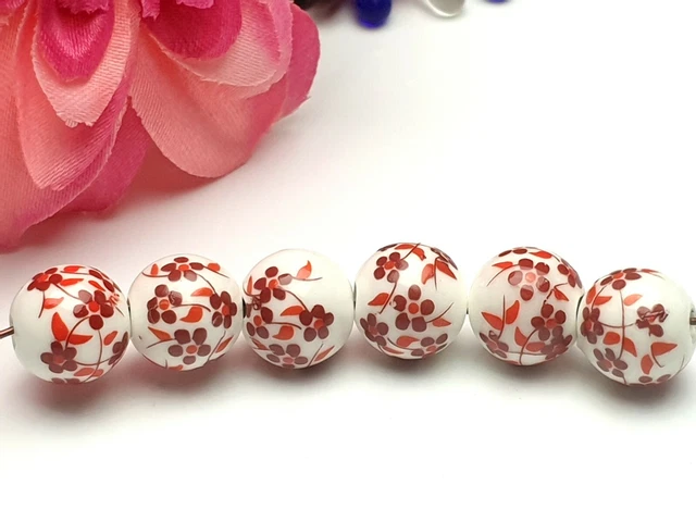 20 X  dutch beads / Keramik Porzellan Perlen mit roten Blumen Muster 12 mm
