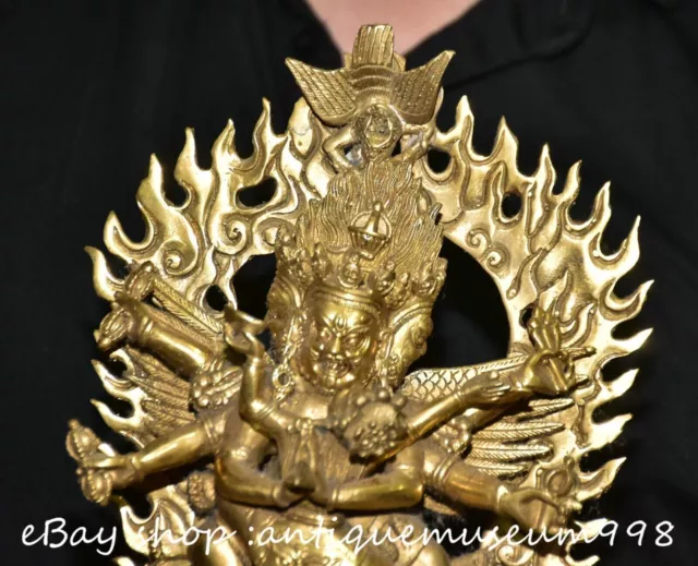 10" Old Chinese Bronze Gilt Gems Mahakala Wrathful Deity Backlight Statue 3