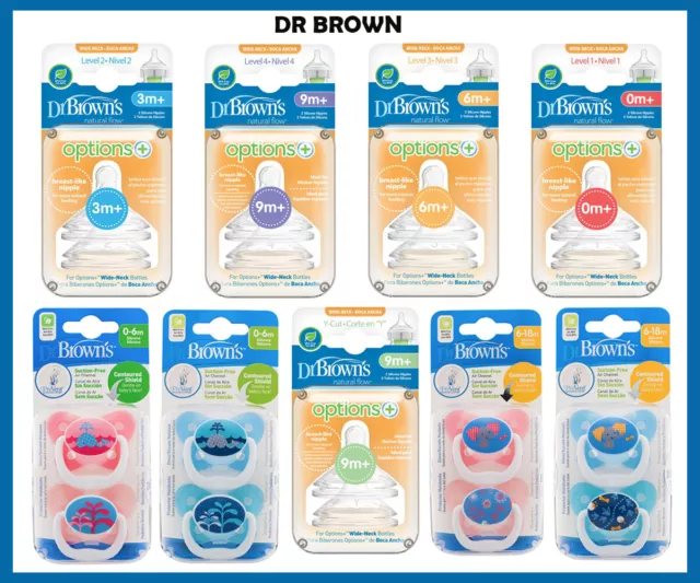 Dr Brown's Options+Level 1,2,3,4,Teats Wide Neck-Prevent SOOTHER 0-6M, 6-12M-New