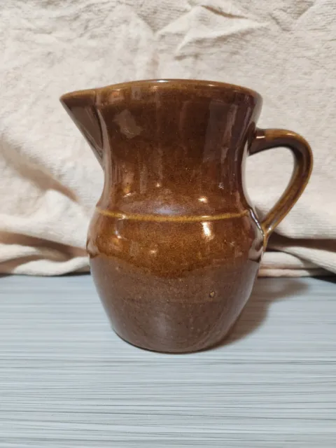 Brown Handcrafted Glazed Pitcher Stoneware Pottery  Marked 1/4 Primitive Country