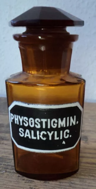 altes Apothekerglas Flasche Apotheke emailliert #28 PHYSOSTIGMIN. SALICYLIC.