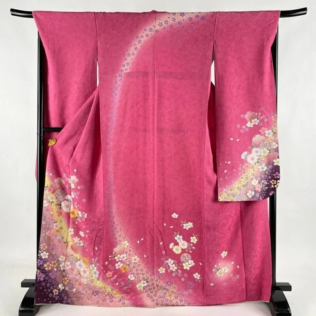 Woman Japanese Kimono Furisode Silk Mari CherryBlossom Gold Thread Foil Pink