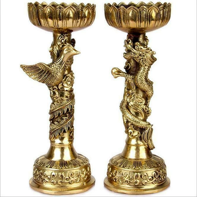 1pair 17.8cm Chinese Handmade Carving Brass Dragon Phoenix Candlestick Decor