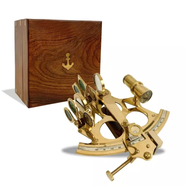 Nautical Solid Brass 6.5" Sextant Astrolabe Style with Hardwood Box Collection