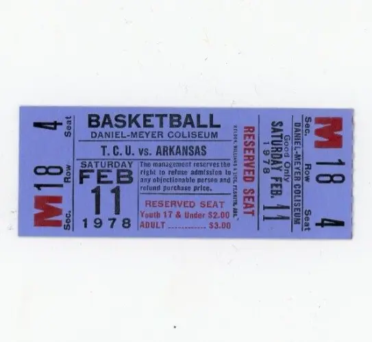 Ticket Stub Feb 11 1978 TCU VS Arkansas College Basketball