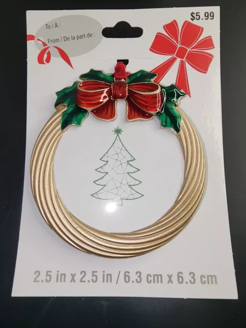 Metal Christmas Photo Picture Frame Ornament Gold Wreath with Red Bow & Holly