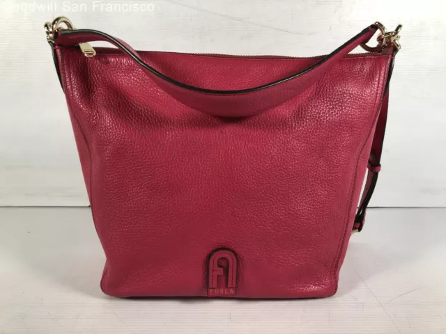 Furla Womens Pink Pebbled Leather Pockets Adjustable Strap Medium Crossbody Bag