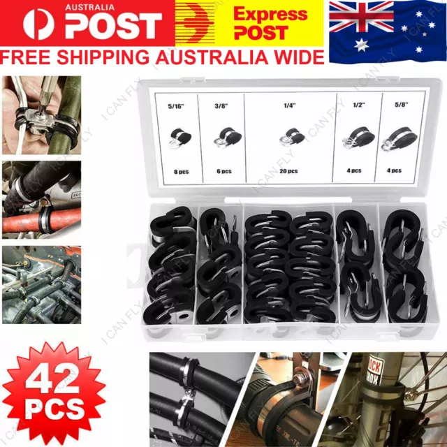 42pcs Rubber Lined P Clips Cable Hose Pipe Clamps Holder Air Clip DF