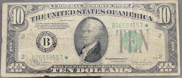1934-C $10 Ten Dollar Federal Reserve Star Note New York